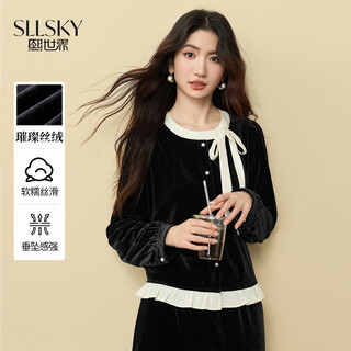熙世界（sllsky）韩系千金风蝴蝶结丝绒衬衫女秋冬撞色圆领木耳边别致衬衣 摩登黑 XL