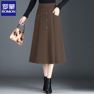 Romon woolen a-line skirt women's spring, autumn and winter new umbrella skirt mid-length slim style elastic waist pleated skirt brown m recommended 85-100 jin jin equals 0.5 kg