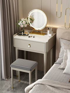 Fantasy light luxury slate dressing table small apartment bedroom bedside dressing table mini modern simple solid wood table 50 dressing table - beige color + same style makeup stool the complete installation of the slate only requires installation feet 50x40x79cm