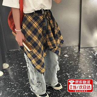 Ceeniu plaid butt curtain women's hip covering artifact hem layered wear casual style skirt one-piece lace-up butt curtain skirt black and yellow checkered shirt skirt one size