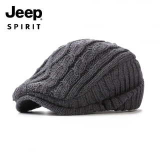 Jeep knitted woolen hat british beret women's versatile forward hat ear protection plus velvet warm men's peaked cap autumn and winter dark gray m (56-58cm)