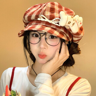 Queen trip cute kitten bow plaid beret women's face revealing small flap octagon hat big head newsboy painter hat red-kitten bow plaid beret