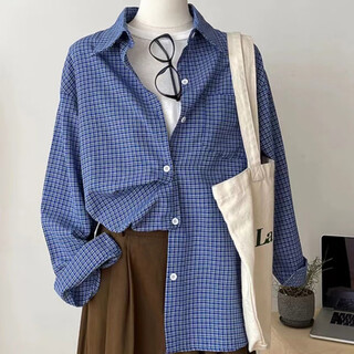 Hao'e american plaid shirt retro long-sleeved blue lazy loose slim versatile autumn shirt top jacket blue m