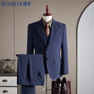 Romon suit+vest+trousers suit men's business professional wedding dress jacket sapphire blue 3xl