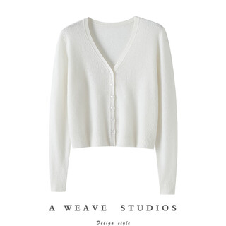 Qichao loose v-neck 100% cashmere cardigan women's 2025 autumn and winter short pure cashmere sweater knitted cardigan small jacket white s