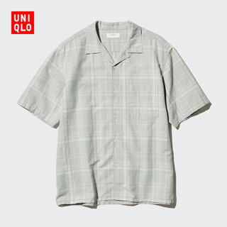 Uniqlo men's and women's cotton and linen plaid shirt/short-sleeved shirt cardigan casual 477903 50 light green 3xl
