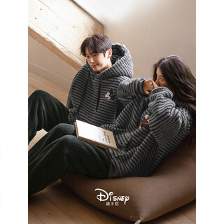 Beiyan mickey coral velvet couple pajamas for men and women autumn and winter lamb velvet striped hooded thickened warm home clothing set f60683 men's xl