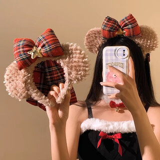 Beautifully made christmas bow, red bear ears, plush headband, female amusement park photo, face wash, makeup, headband, cute bear headband, 1 piece