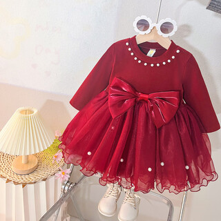 Xin yueqing children's spring style dress 2025 autumn style baby girl princess one-year-old mesh dress children's birthday skirt red 80 cm-m