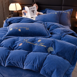 Mercury series baby velvet embroidery thickened and warm four-piece set 2025 new milk velvet quilt cover sheet does not shed hair alyssa-bentley blue bed sheet style 1.5m four-piece set