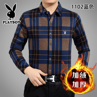 Мужская теплая рубашка playboy среднего возраста плюс бархатная утолщенная клетчатая ткань с длинными рукавами из чистого хлопка, зимняя рубашка больших размеров для папы, синяя, рекомендуется xl 175 130-148Цзинь Цзинь равен 0,5 кг