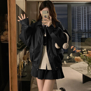 Senlianna 2025 spring, autumn and winter latest leather short jacket women's casual high-end fashion cardigan top black m 105-115jin jin is equal to 0.5 kg