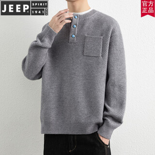Jeep spirit autumn and winter men's heavyweight henry collar jacquard thickened sweater men's lazy style slightly wide casual sweater gray m