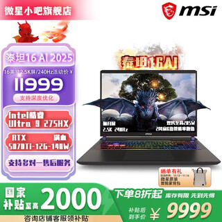 微星（MSI）泰坦16 AI 16英寸2.5K 240Hz游戏本笔记本电脑 泰坦16-U9-275HX/RTX5070Ti满血 16G内存/1TSSD/官方标配