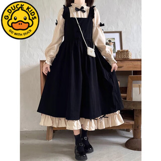 G.duck girls' french bow dress autumn and winter puff sleeve lolita suspender dress fake two-piece dress black 120 cm