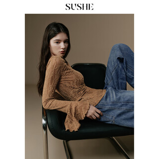 Sushe, french elegance, jacquard lace, asymmetric pleated collar, ruffled long-sleeved pullover, brick brown m