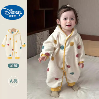 Disney baby spring and autumn jumpsuit for girls, super cute plush thickened hooded rompers, warm home wear pajamas, autumn colorful polka dot hooded jumpsuit 90cm (upgraded) 90 recommended height 80-