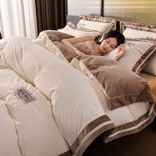 Mengjie home textiles baby milk velvet bed four-piece set winter coral velvet flannel bed sheets and quilt covers double-sided velvet 2025 new kane-beige and coffee d sheet style 1.5 bed droop style four-piece set - suitable