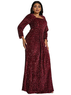 Party luxury evening dress european and american dress square collar sequin red banquet dress red 3xl