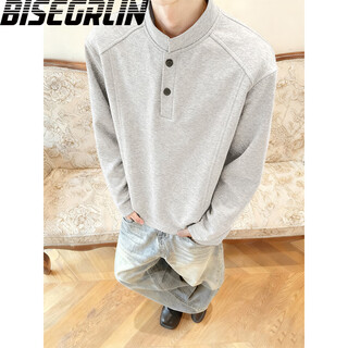 Bisegrlinbisegrli henry shirt long-sleeved sweatshirt men's spring and autumn style american button splicing bottoming shirt handsome and versatile white flower gray utabjk80116 l