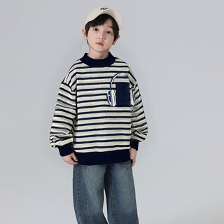Youyoutonghua autumn and winter children's sweatshirt plus velvet 2025 boys' style thickened bottoming shirt for middle and large children cotton comfortable inner wear navy rice strips 110 56