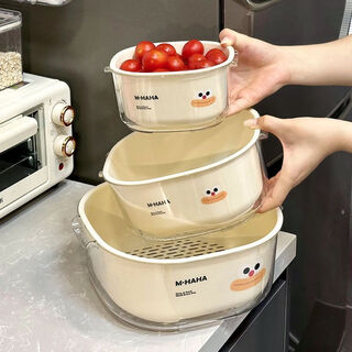 Kamanpai sink drain basket kitchen living room household fruit plate simple double-layer plastic vegetable basket cream white 2-piece set medium size