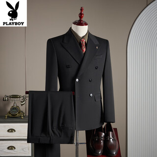 Playboy (playboy) double-breasted light luxury wool suit men's suit business formal fit plus size groom wedding suit three-piece black suit + trousers 4xl (165-180jin jin equals 0.5 kg)