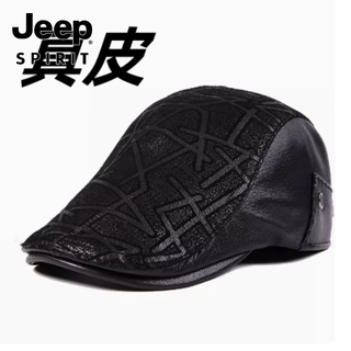 Jeep spirit autumn and winter sheepskin korean style beret for middle-aged and elderly people printed velvet duck cap genuine leather hat men's british forward hat 57-58cm
