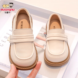 Shepherd niu (mutongniu) girls' shoes, children's small leather shoes, new spring and autumn soft-soled genuine leather baby british style single shoes, black, off-white, 25, inner length of the shoe 16.2cm, foot length about 15.4