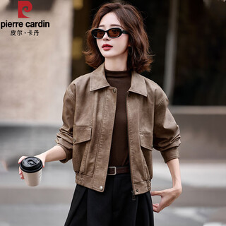 Pierre cardin autumn new sheepskin haining leather jacket women's short casual spring and autumn fashion lapel black leather jacket trendy fantasy khaki s suitable for 90-120 jin jin equals 0.5 kg