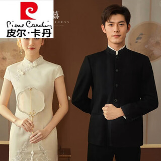 Pierre cardin chinese tunic suit engagement wedding suit men's stand collar new chinese suit suit men's knitted handsome suit jacket black jacket + pants xs