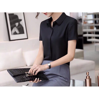 Short-sleeved white shirt with hidden buttons for women, spring and summer korean version, black and white blue shirt, women's fashionable temperament, versatile white-collar professional wear, black short-sleeved with hidden buttons s _recommended 80-89jin jin is equal to 0.5 kg