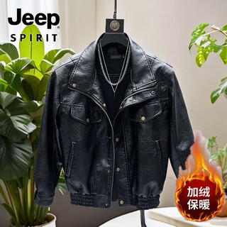 JEEP SPIRIT秋冬机车服加绒皮衣宽松ins潮韩版潮流帅气男痞帅青年皮夹克外套 黑色薄绒 XL