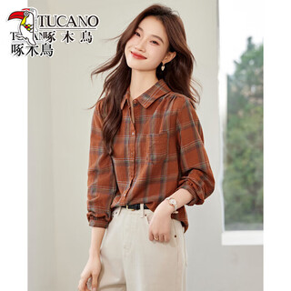 Woodpecker 2026 nueva primavera camisa a cuadros de algodón retro para mujer top de manga larga camisa exterior versátil informal naranja m