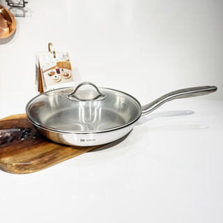 Fat donglai's same style 18-10 stainless steel frying pan uncoated frying pan fried eggs steak pancake pan gas induction cooker 28cm frying pan + glass lid