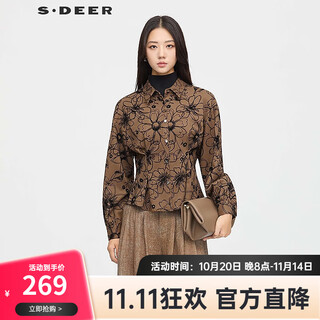 S.deer women's 25-year new retro lapel embroidered irregular long-sleeved shirt s253z0503 dark brown red/09 m