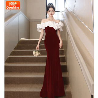 婍妡black evening dress 2025 new style french one-shoulder high-end light luxury temperament slimming celebrity host fishtail red s