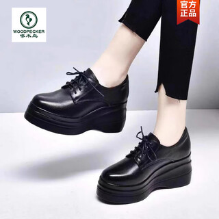 Woodpecker genuine leather wedge heel deep mouth single shoes for women 2025 spring and autumn new style small thick sole heightening platform shoes lace up small leather shoes black 40