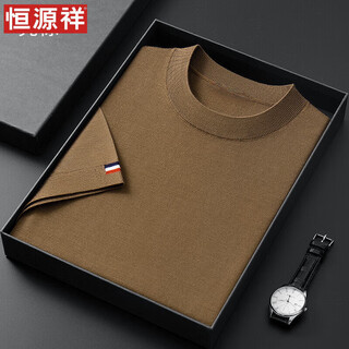 Hengyuanxiang thin worsted short-sleeved wool sweater for men 100 pure wool round neck sweater for men middle-aged knitted bottoming shirt spring and autumn 262_bright brown m