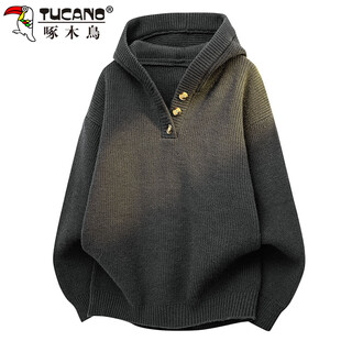Woodpecker (tucano) sweater men's winter hooded loose sweater jacket retro thickened warm sweater men's foggy black gray xl
