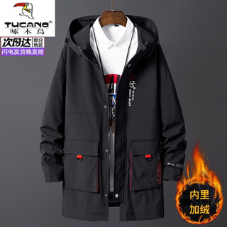 Woodpecker (tucano) large size windbreaker jacket men's spring and autumn mid-length version plus fat extra large casual 2025 new fat winter jacket 8226b black velvet thickened 2xl recommended 155-175 jin jin equals 0.5 kg can be worn