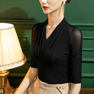 Spring and autumn new national standard modern ballroom dance v-neck mesh women's latin dance off-the-shoulder long-sleeved top practice dance clothes black mid-sleeves not one-piece s s