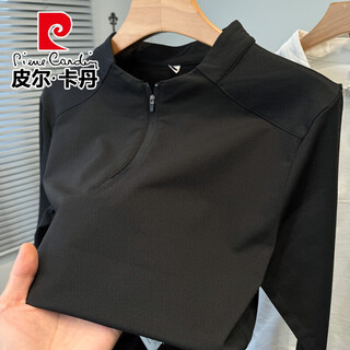 Pierre cardin half-zip henry collar long-sleeved t-shirt men's spring and autumn new sports and leisure stitching solid color bottoming shirt men's black 2xl
