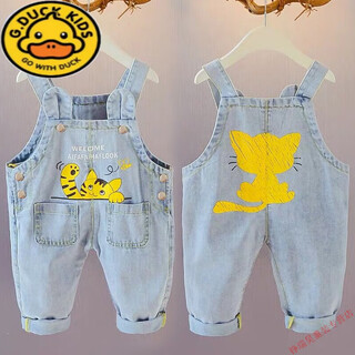 G.duckkids baby denim overalls 2025 small and medium-sized children's autumn clothing girls' fashionable 0123-year-old boys korean style jumpsuit single pants yellow kitten 90 cm