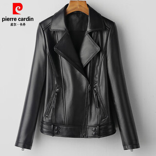 Pierre cardin 2025 spring new sheepskin small leather jacket women's short fashion slim haining leather jacket genuine leather large size genuine leather jacket black 4xl 130-140jin jin is equal to 0.5 kg