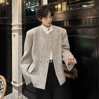 Lirengui male model wears collarless shoulder pad blazer for men spring and autumn british short style high-end small fragrance style suit jacket trendy white gray xl (suitable) 130-145jin jin is equal to 0.5 kg