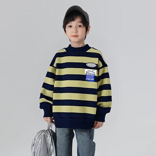 Youyoutonghua autumn and winter children's sweatshirt plus velvet 202 boys' style thickened fashionable bottoming shirt for middle and large children cotton inner wear trendy navy green strips 170 80