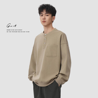 Gwit henry collar silhouette american classic spring and autumn loose top bottoming shirt trendy long-sleeved thick cotton t-shirt for men soft black_black m