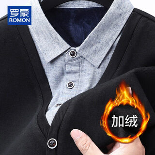 Romon velvet thickened fake two-piece sweater men's lapel bottoming shirt autumn and winter young and middle-aged men's casual warm sweater for men