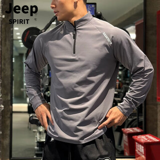 Jeep spirit fitness long-sleeved men's loose elastic half-zip sports t-shirt american running spring and autumn basketball training cycling jersey carbon gray m